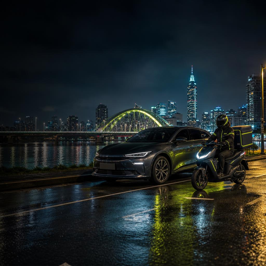 電動汽車與電動機車在北台灣城市橋梁夜景中準備急件直送的情境示意