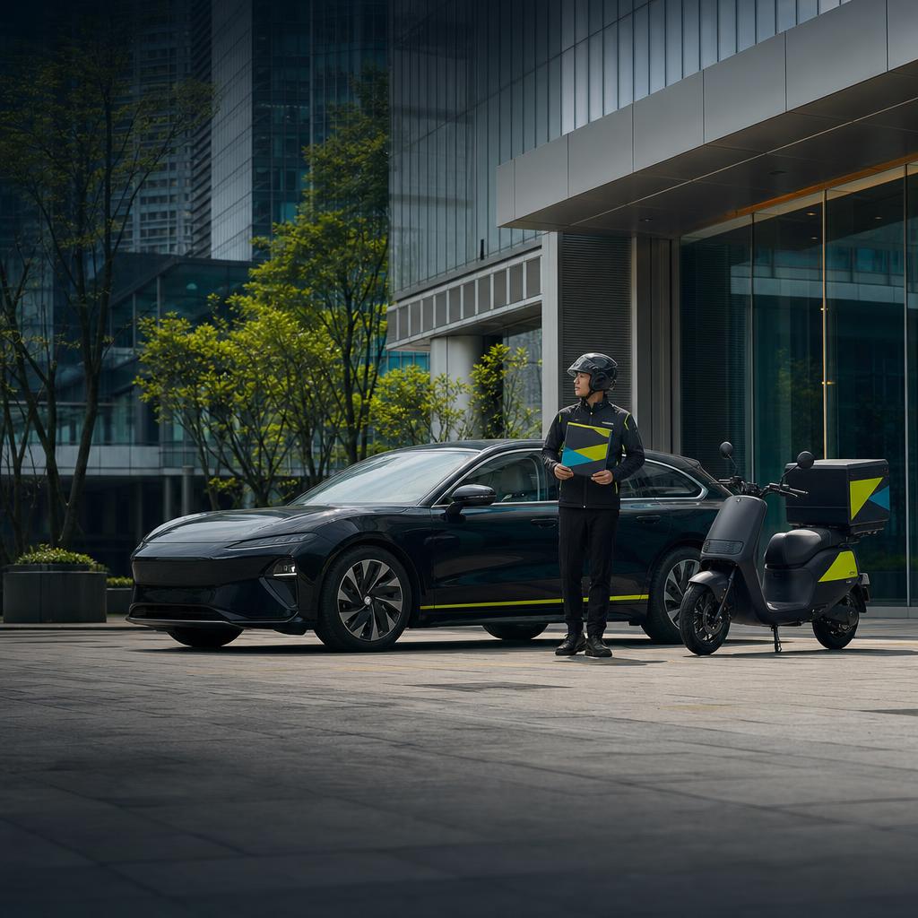 電動汽車與電動機車在南港商辦區準備文件急件配送的情境示意